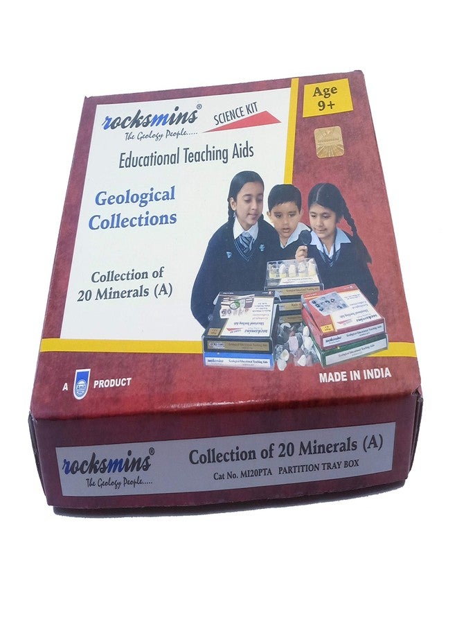 Rocksmins Collection of 20 Minerals in Beautiful Colour Box for School Education Mineral Science Kit with Agate Amethyst Calcite Feldspar Gypsum Hematite Jasper Magnetite Quartz Soap Stone Tourmaline - Image 1